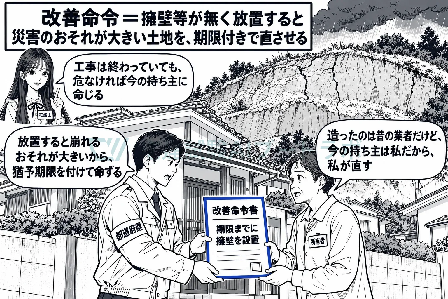 工事が終わって持ち主が変わった危ない造成地を、今の持ち主に直させる。