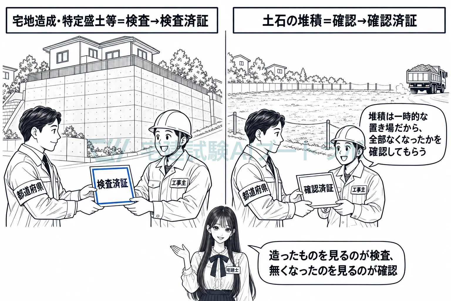 造成は検査で検査済証、土石の堆積は確認で確認済証。