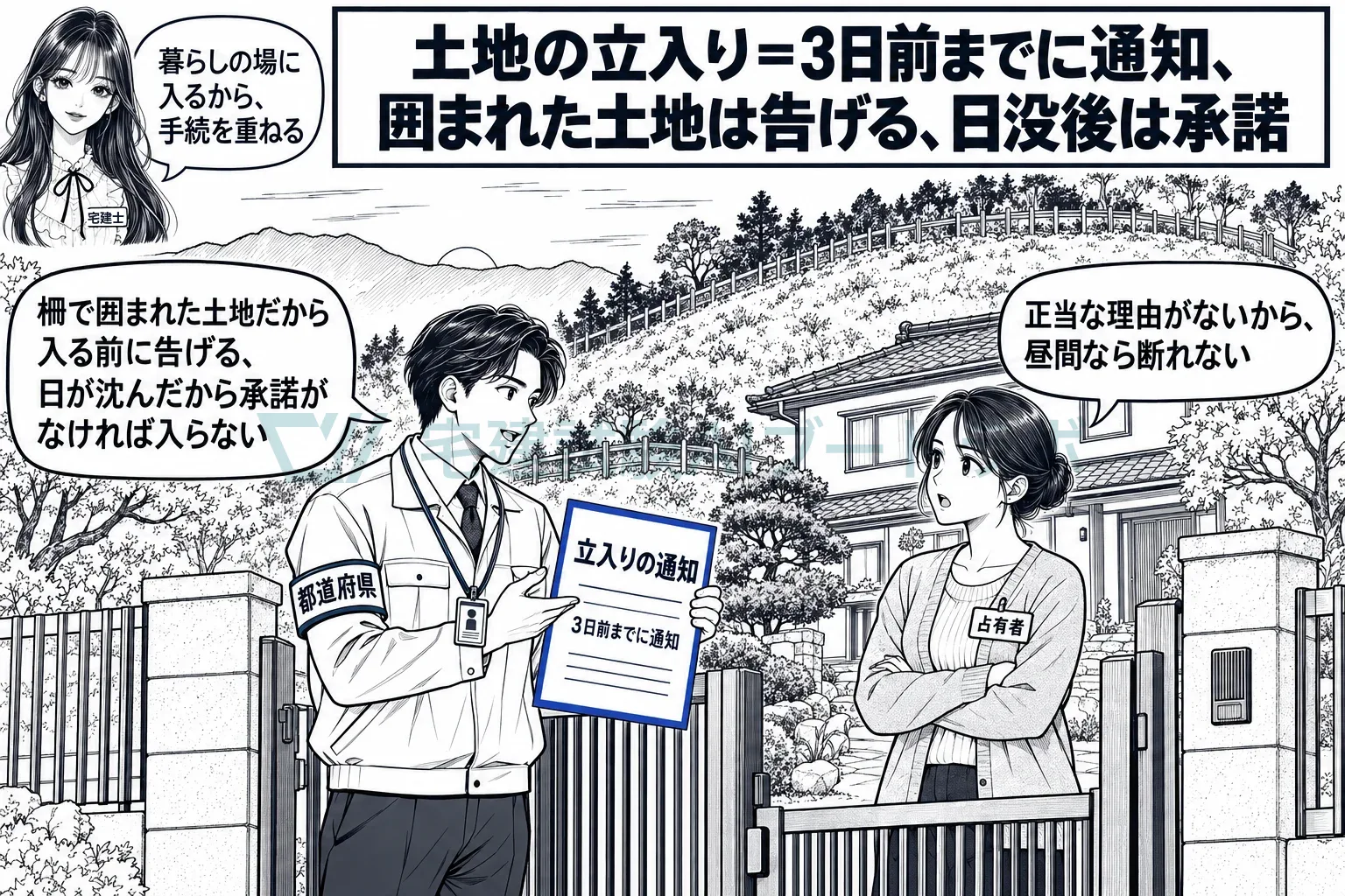 柵で囲まれた土地は入る際に告げ、日没後は承諾がなければ入れない。