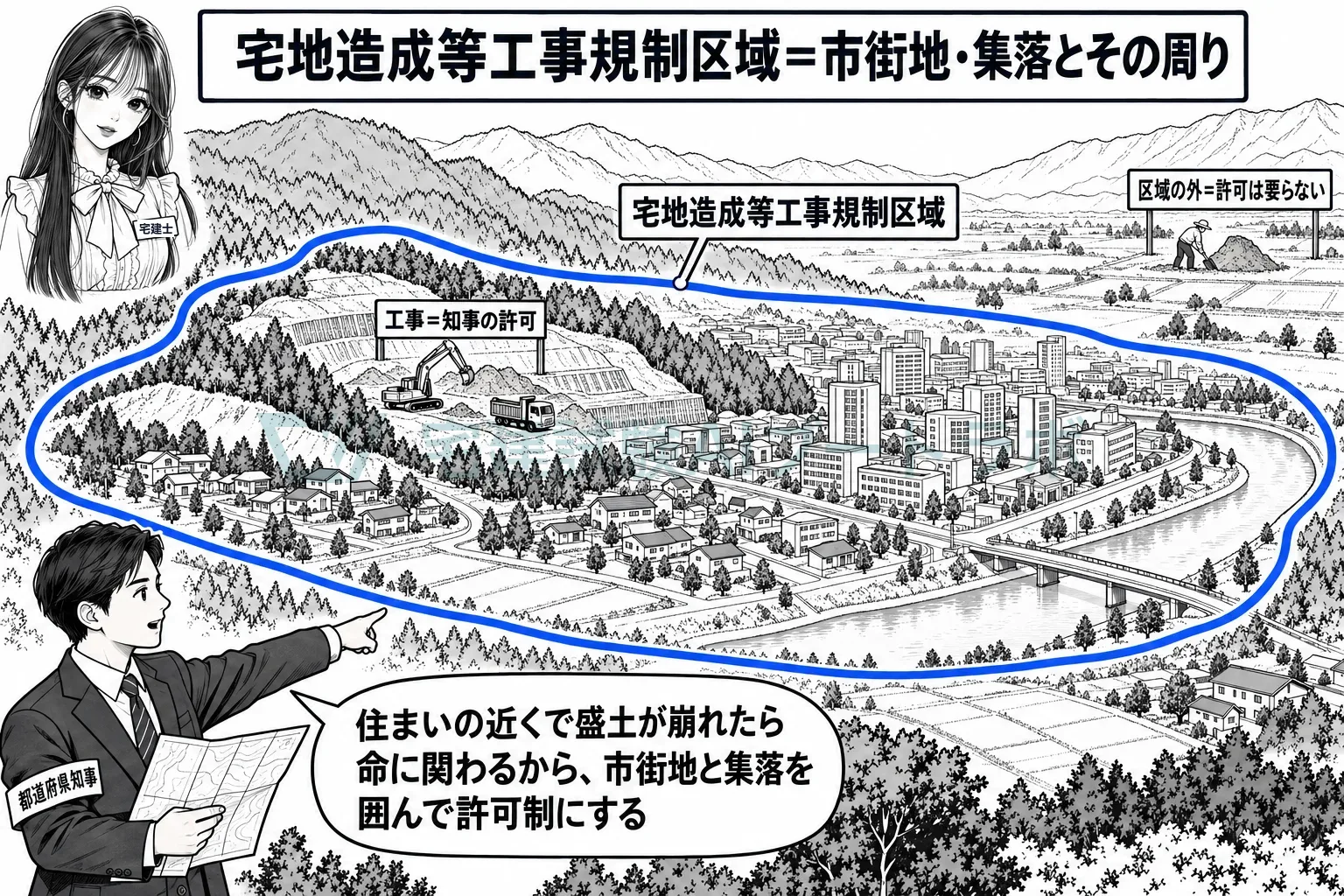 住まいの近くで盛土が崩れたら命に関わるから、市街地と集落を囲んで許可制にする。