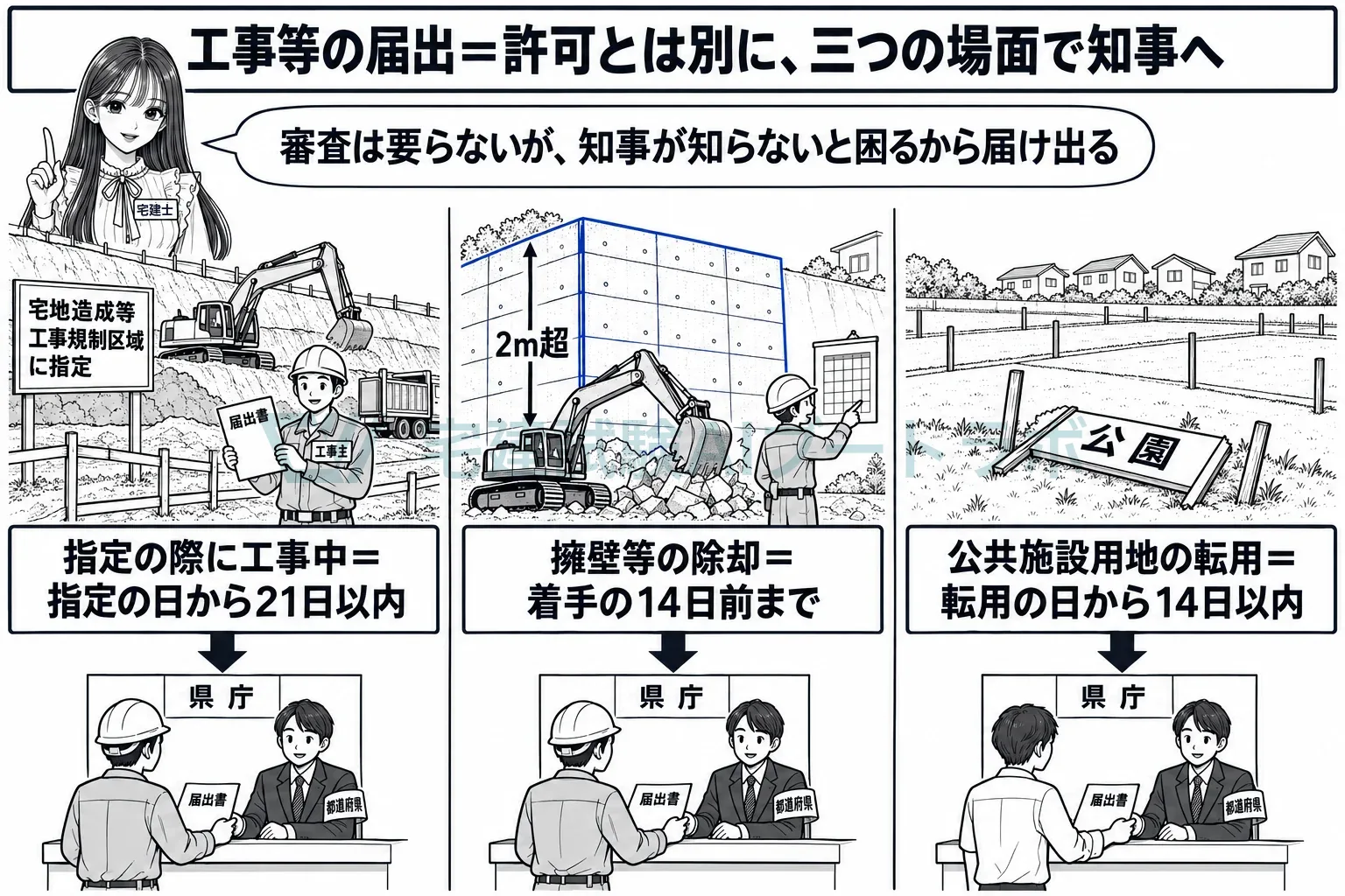 指定時の工事は21日以内、擁壁の除却は14日前まで、転用は14日以内。