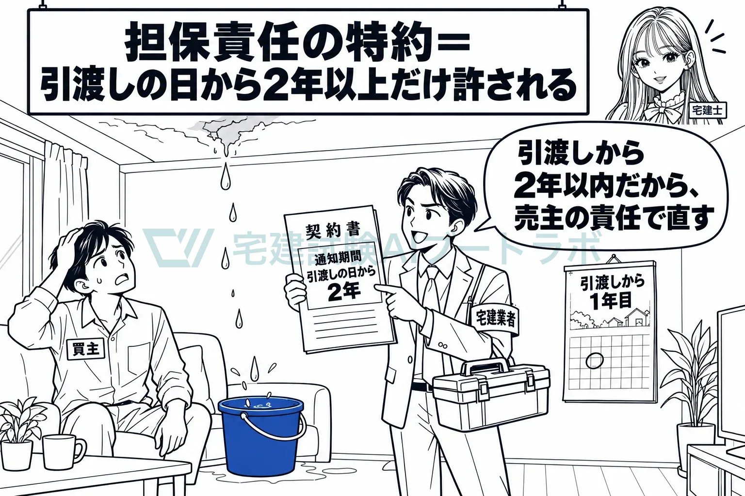 「引渡しの日から2年」の特約があれば、その間に通知された雨漏りは業者の責任。