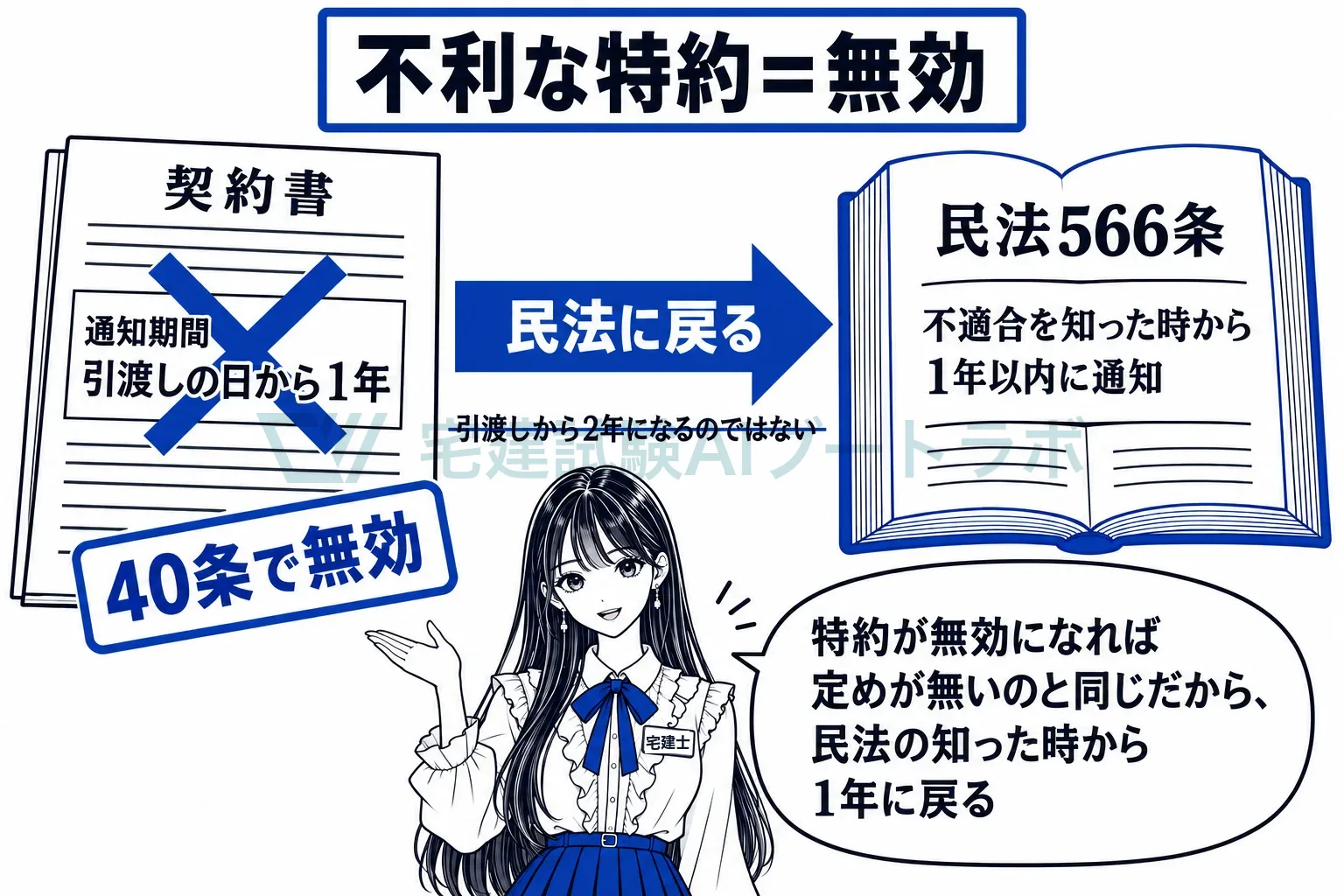 引渡しから1年の特約は無効になり、民法の知った時から1年に戻る。