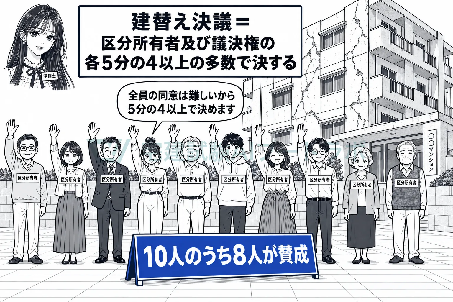 建替えは、区分所有者全体と議決権全体の各5分の4以上で決める。