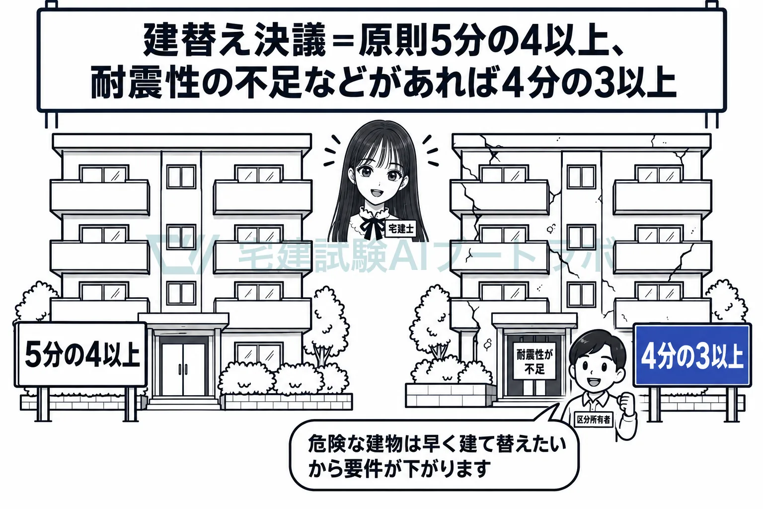 耐震性が足りないなどの事由がある建物は、4分の3以上で建替えを決められる。