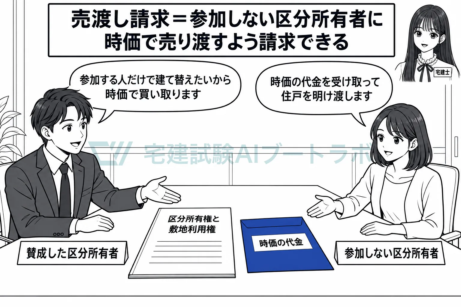 建替えに参加しない人は、住戸と敷地利用権を時価で売り渡す。