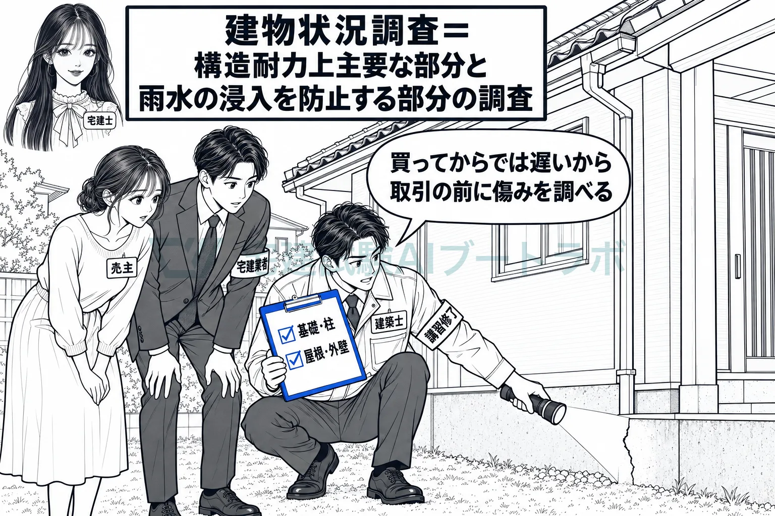 中古の建物の傷み具合を、講習を修了した建築士が調べる。