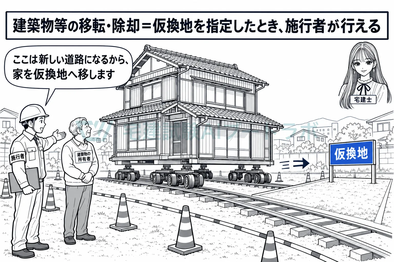 新しい道路になる場所の家を、施行者が仮換地へ移す。