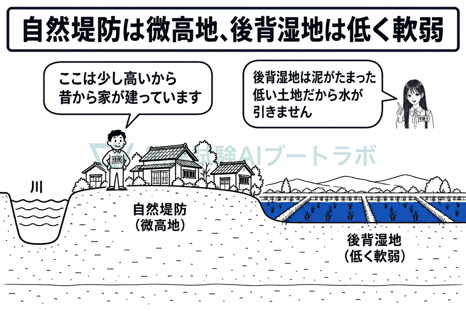 自然堤防は少し高いから比較的安全で、背後の後背湿地は低いから水が引かない。