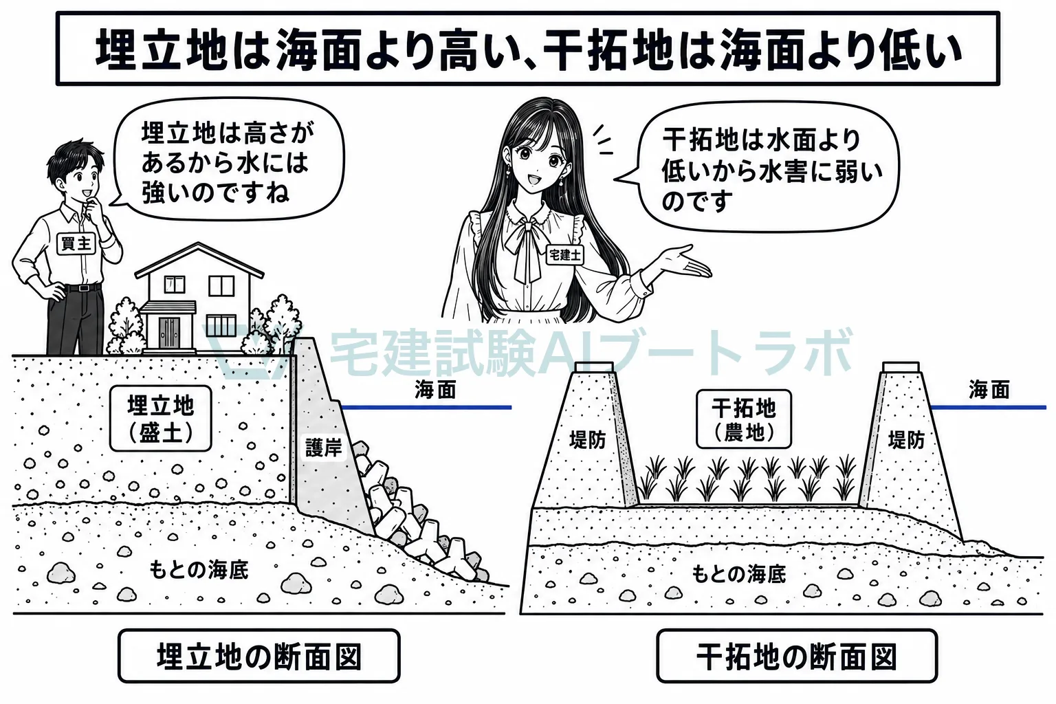 埋立地は土砂を入れて海面より高くした土地で、干拓地は水を抜いた海面より低い土地。