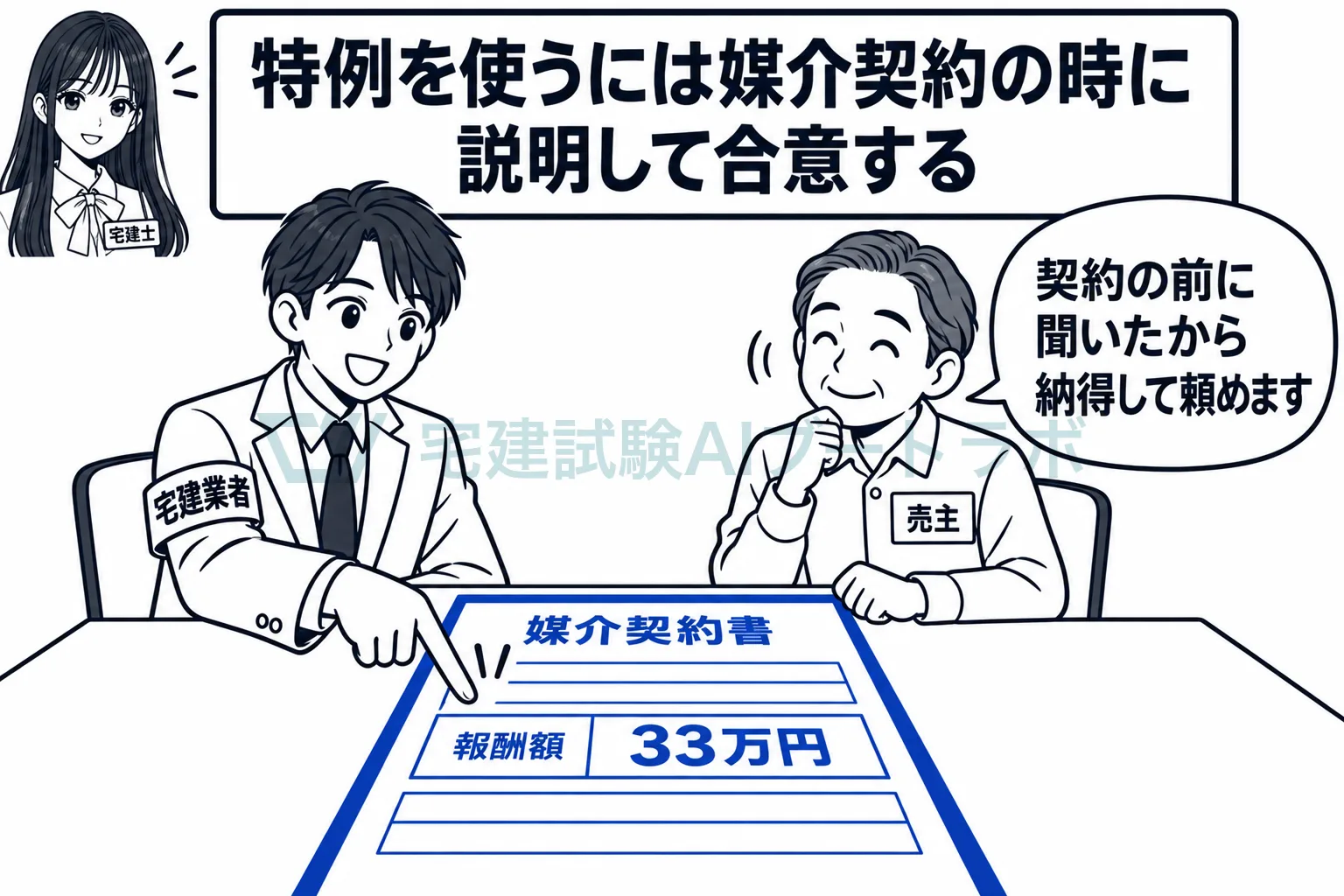 特例の手数料は、媒介契約を結ぶ時に説明して合意しておく。