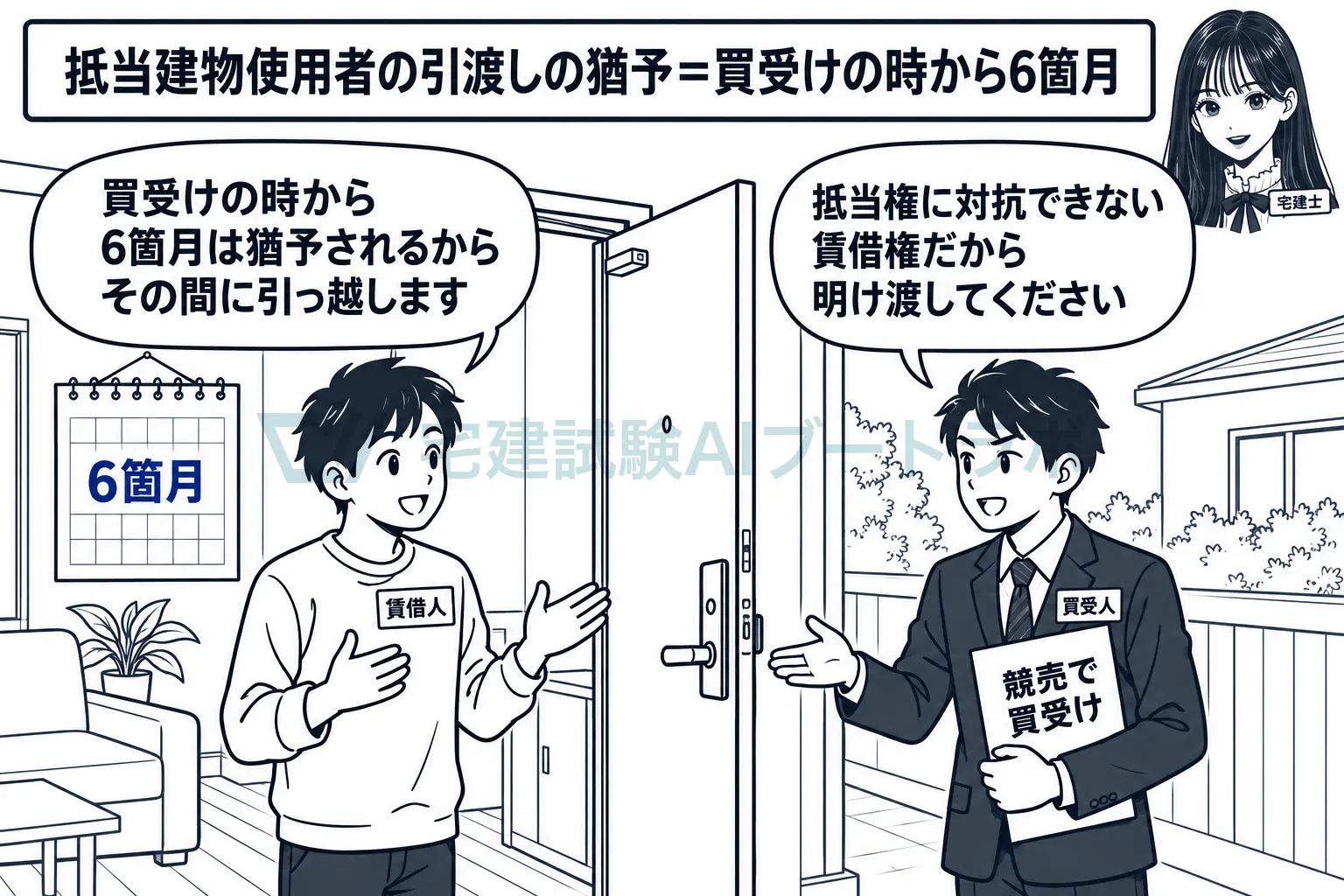抵当権に後れる借主も、買受けの時から6箇月は建物を引き渡さなくてよい。