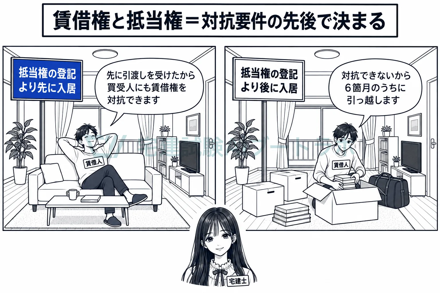 抵当権の登記より先に引渡しを受けた借主は、競売の後も住み続けられる。