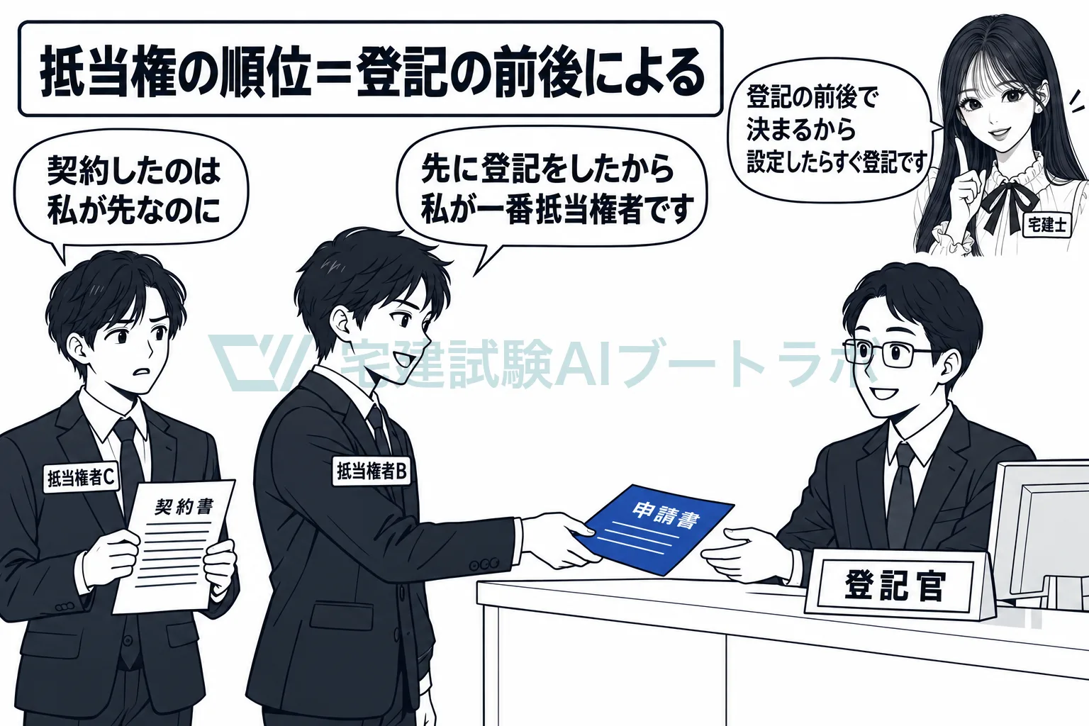抵当権の順位は、契約の順ではなく登記の順で決まる。