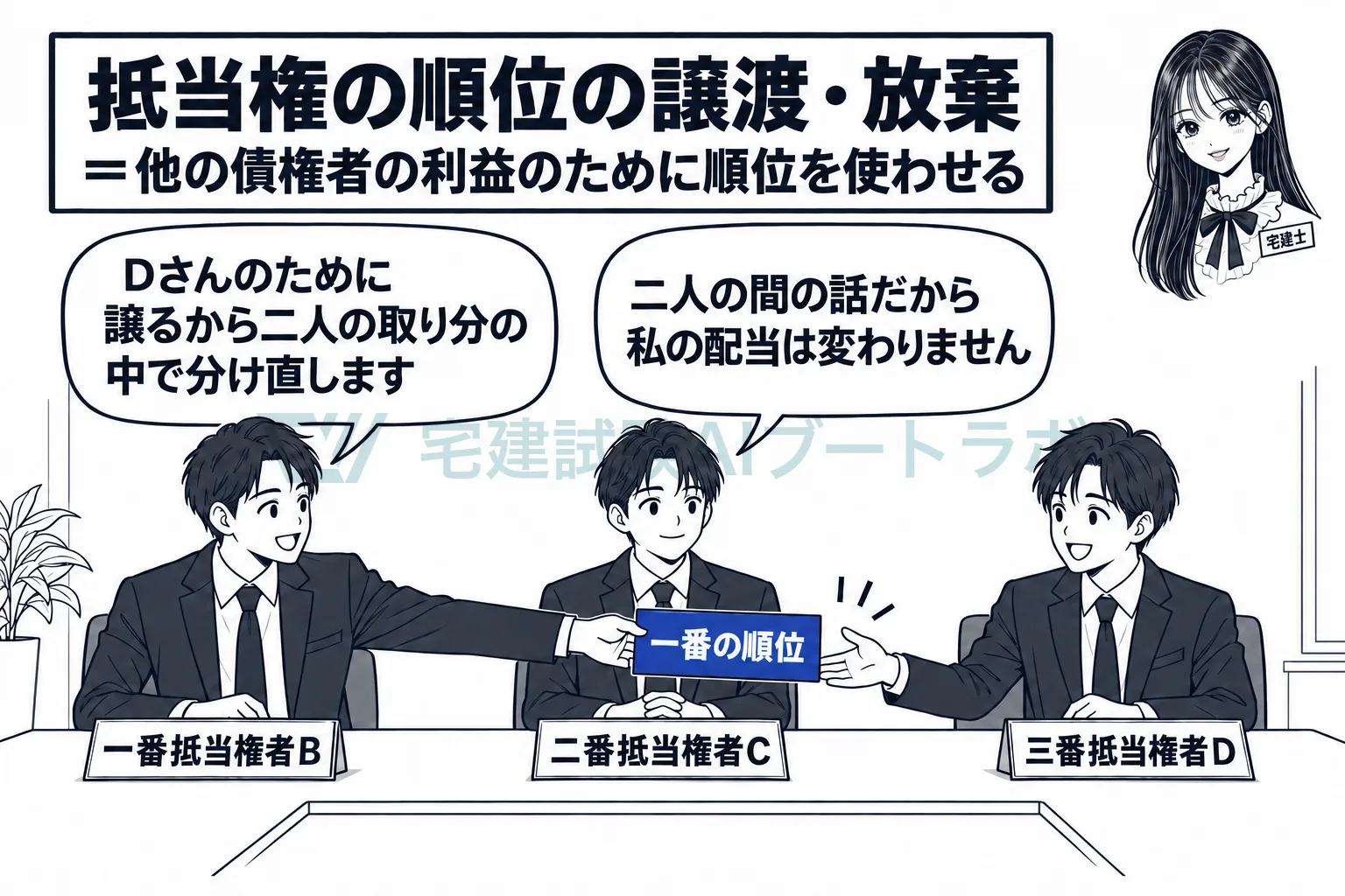 順位の譲渡・放棄は二人の間の取決めで、間の抵当権者の取り分は変わらない。