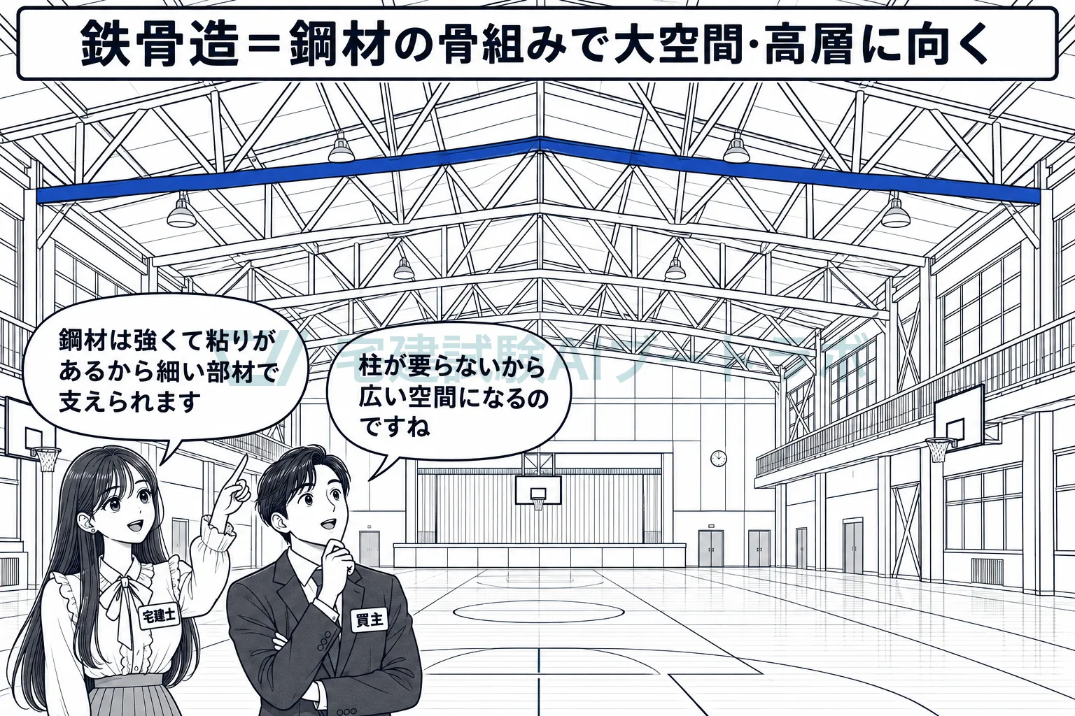 鋼材は強くて粘りがあるから、小さな断面の部材で体育館のような大空間を造れる。