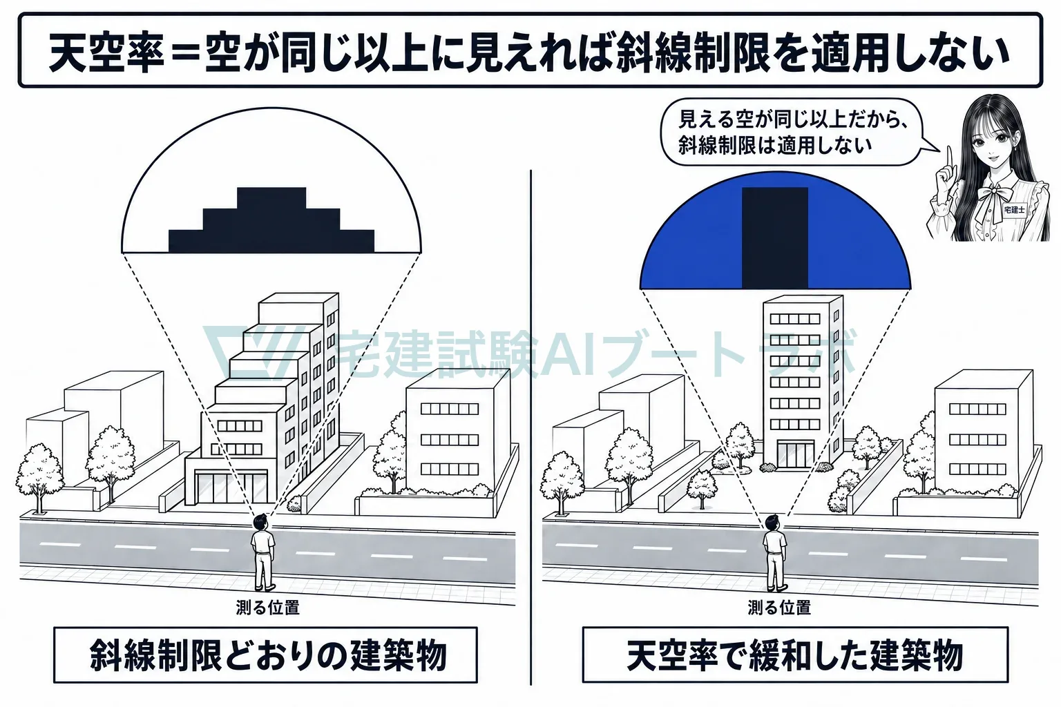 斜線どおりの建物と同じ以上に空が見えれば、形は自由でよい。