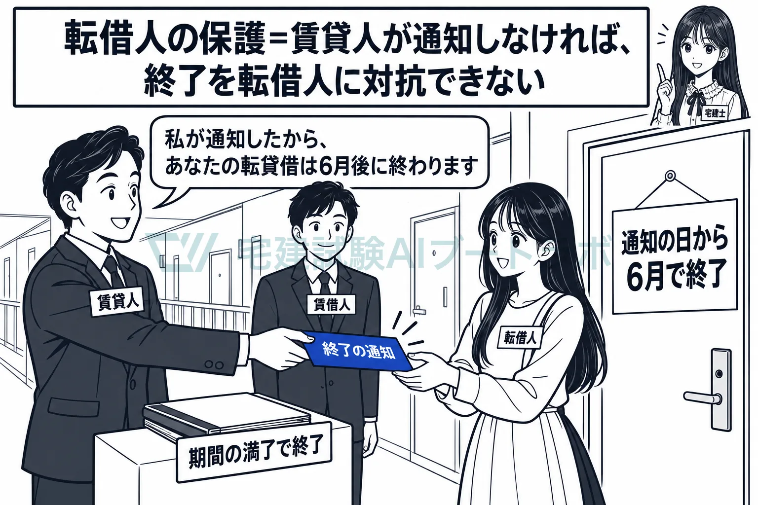 もとの賃貸借が終わっても、賃貸人が通知してから6月は転借人が使える。