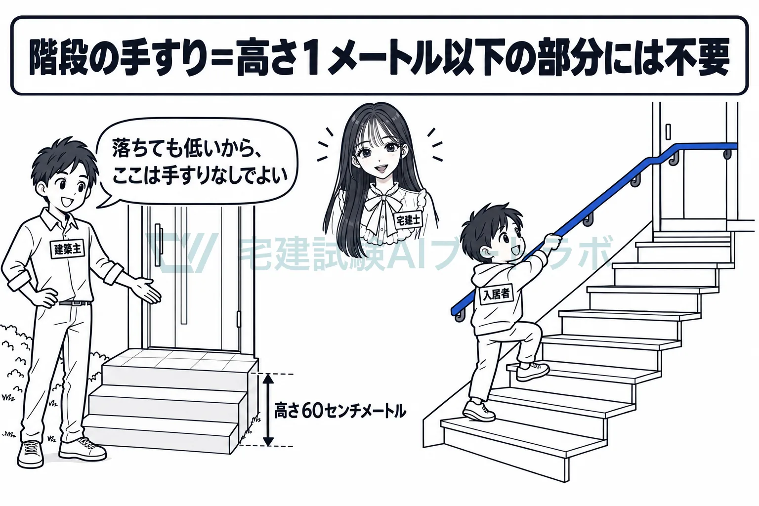 高さ1メートル以下の階段の部分には、手すりがなくてもよい。