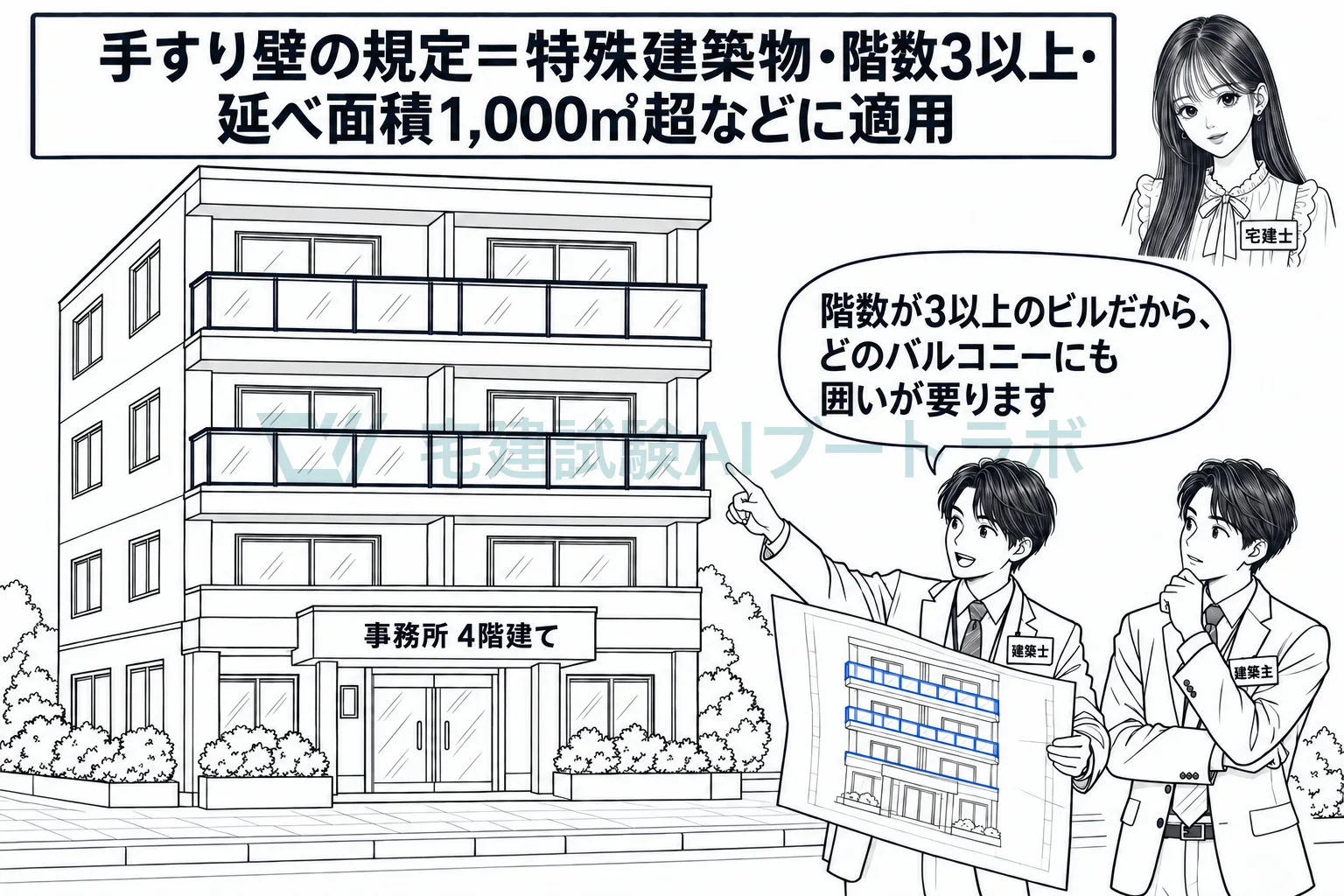 4階建ての事務所なら、2階以上のバルコニーに手すり壁が要る。