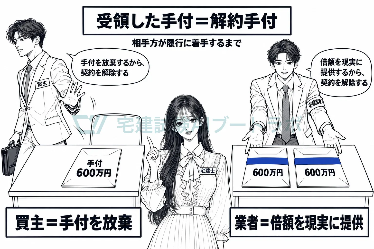 買主は手付を放棄して、業者は倍額を差し出して解除する。
