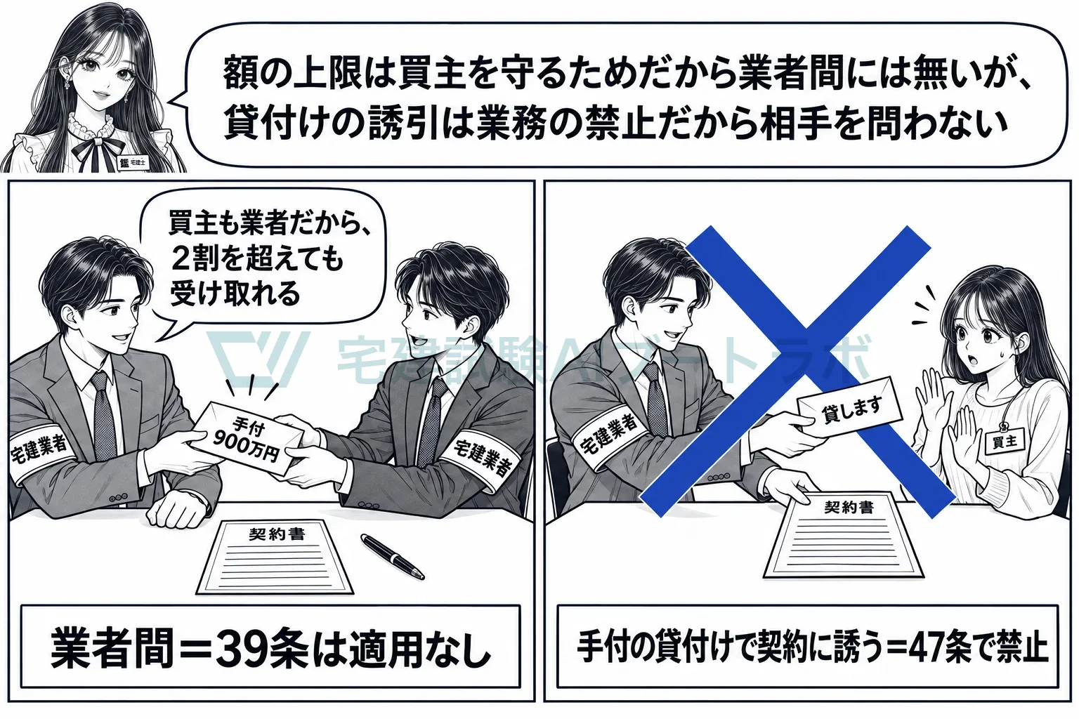 買主が業者なら上限なし。手付の貸付けはどんな相手でも禁止。