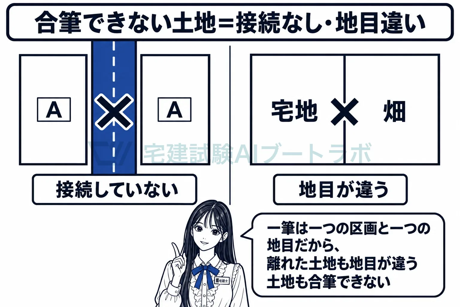 一筆は一つの区画と一つの地目だから、離れた土地も地目が違う土地も合筆できない。