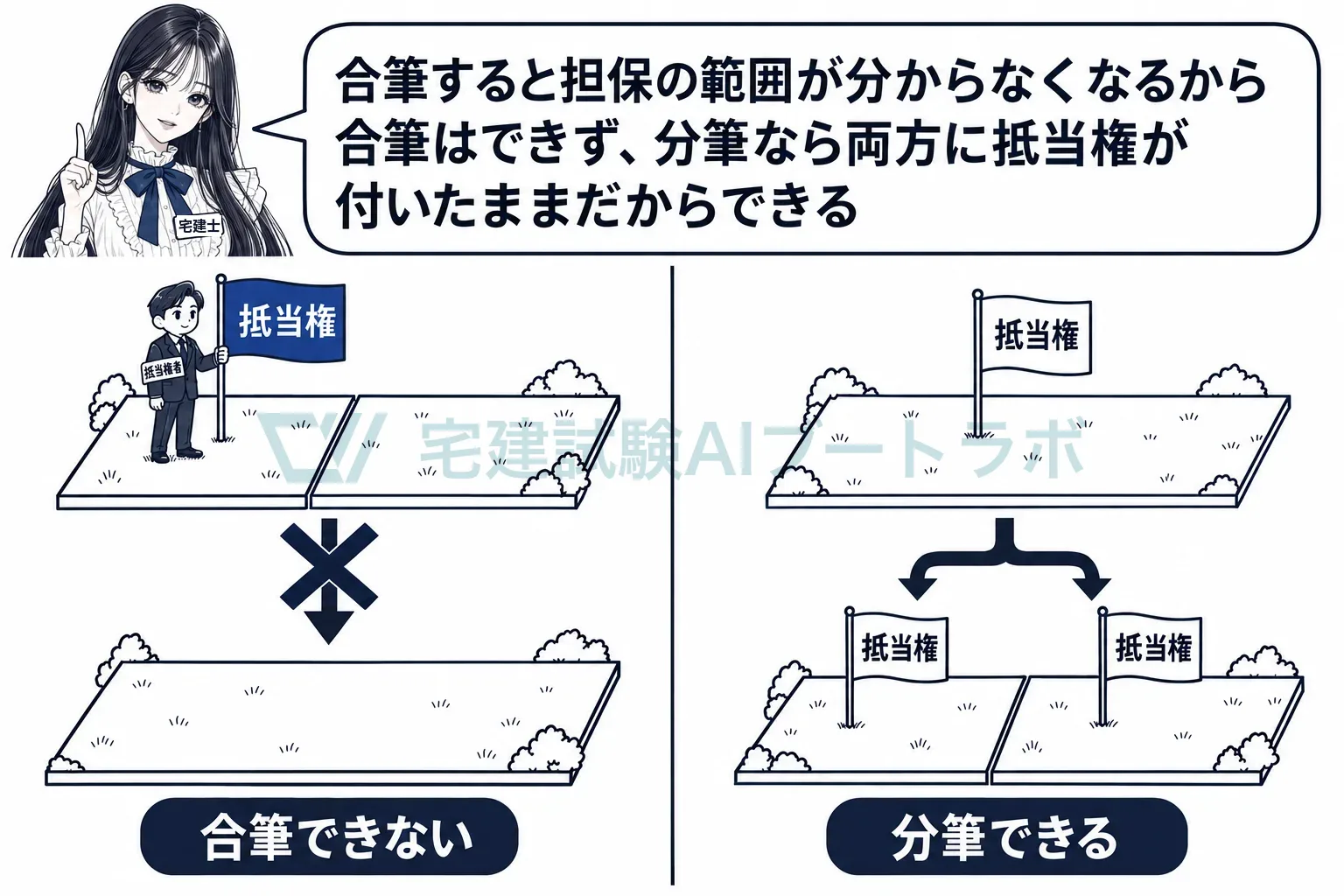 合筆すると担保の範囲が分からなくなる。分筆なら両方に抵当権が付いたまま。