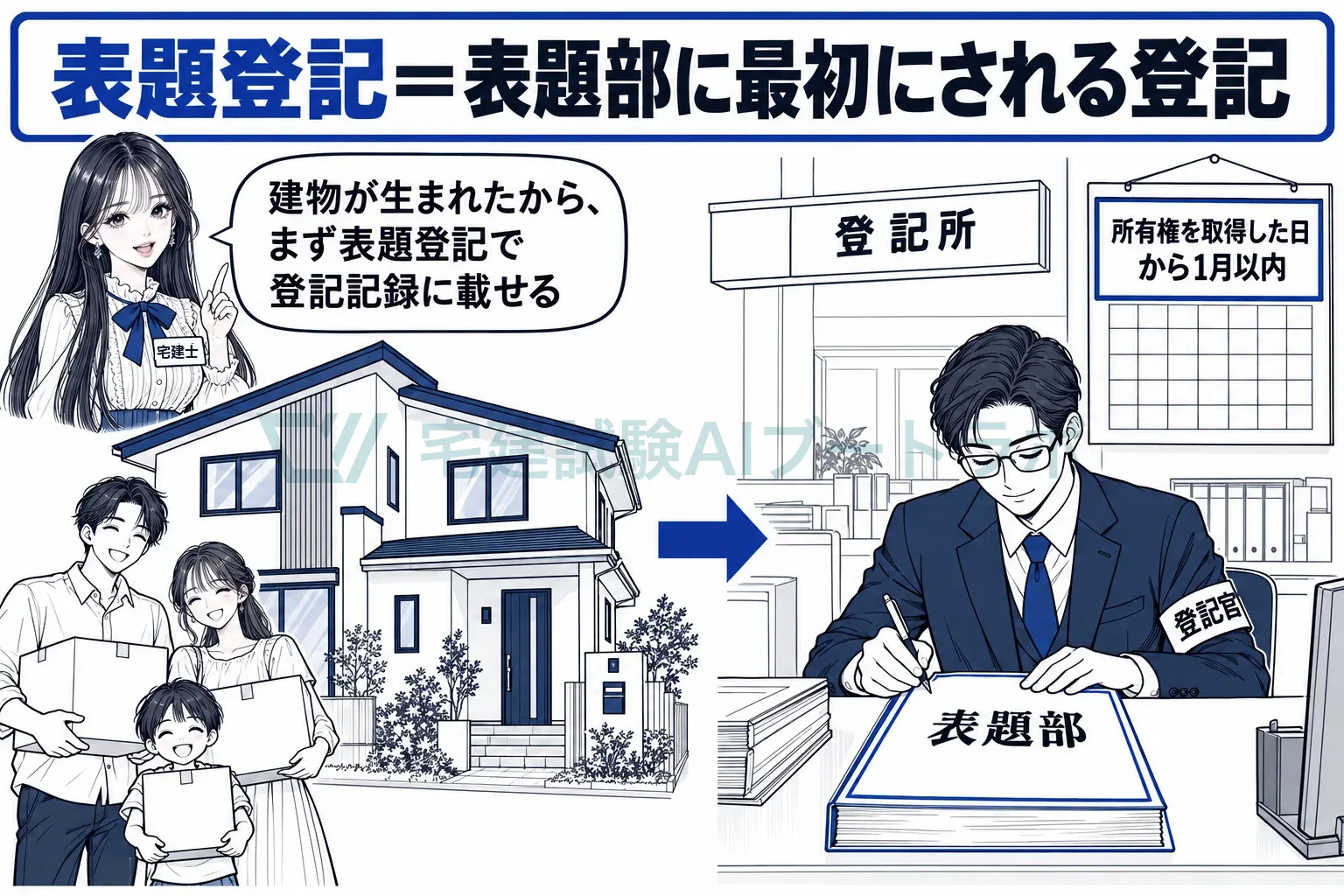 建物が生まれたら、まず表題登記で登記記録に載せる。