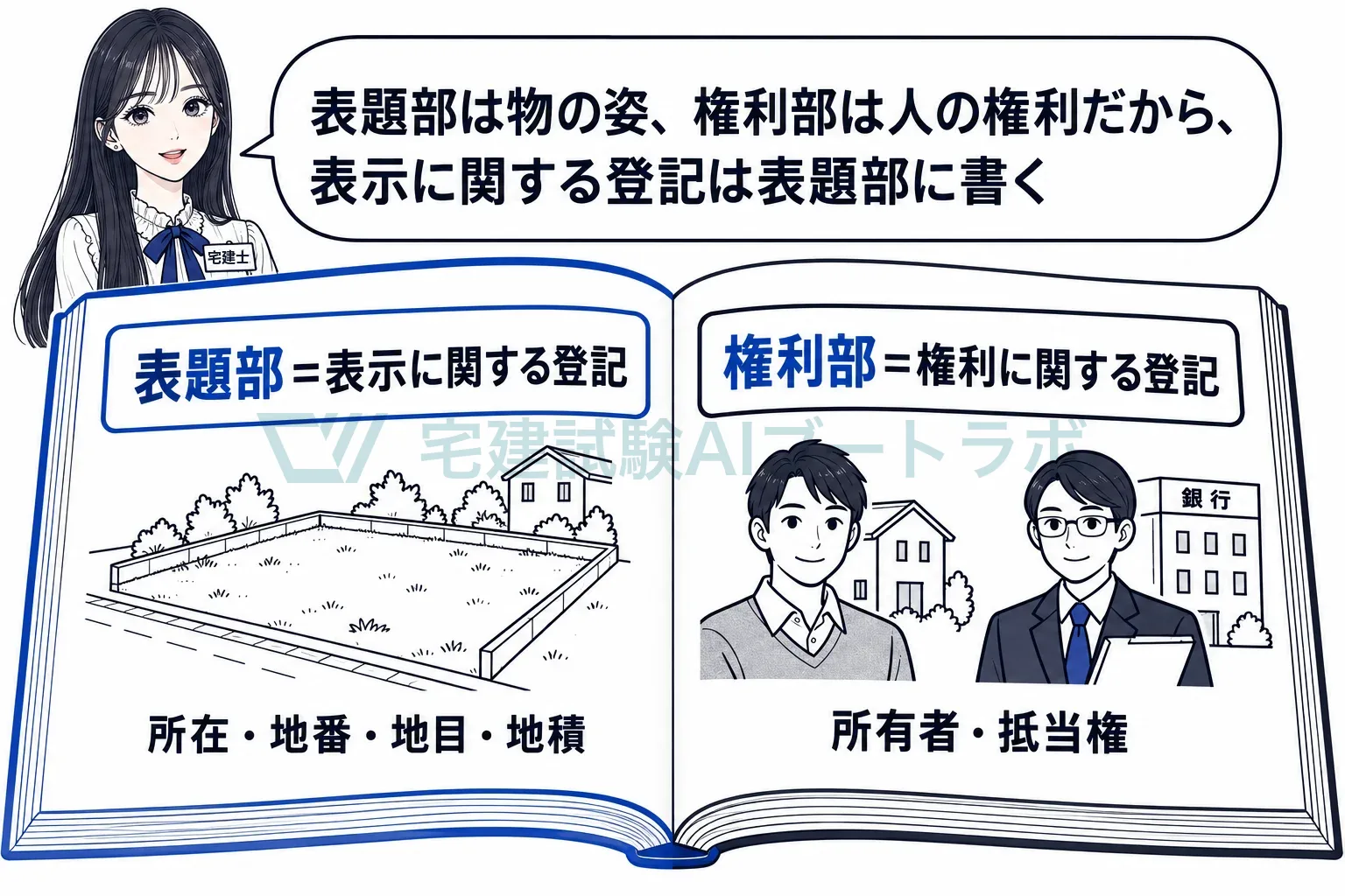 表題部は物の姿、権利部は人の権利。表示に関する登記は表題部に書く。