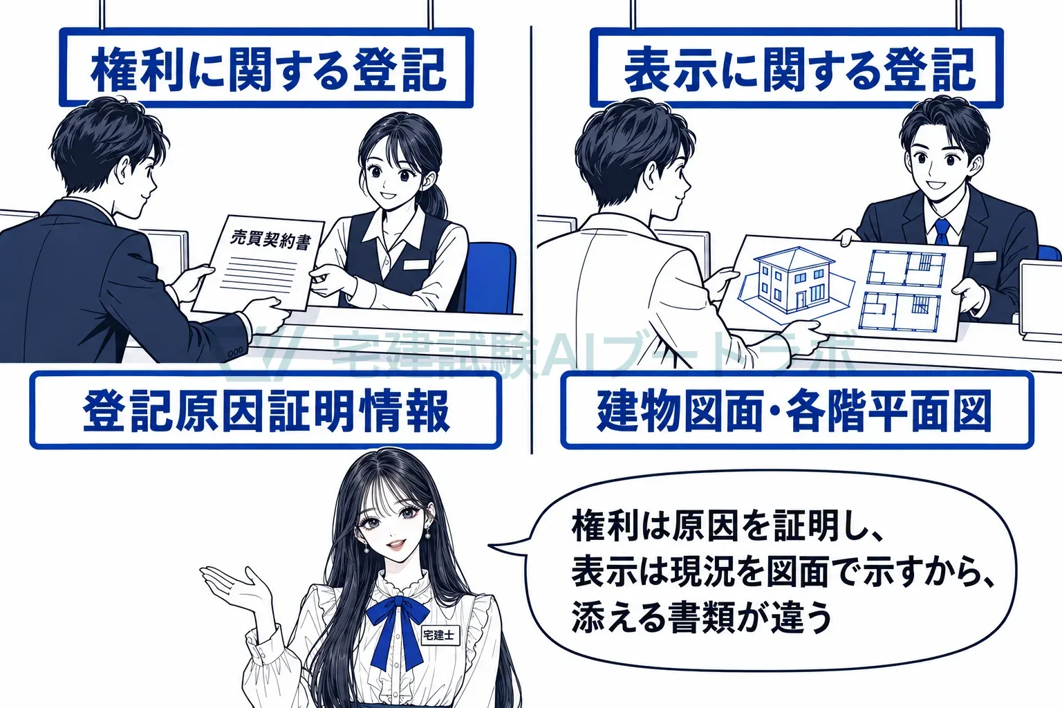 権利は原因を証明し、表示は現況を図面で示す。添える書類が違う。