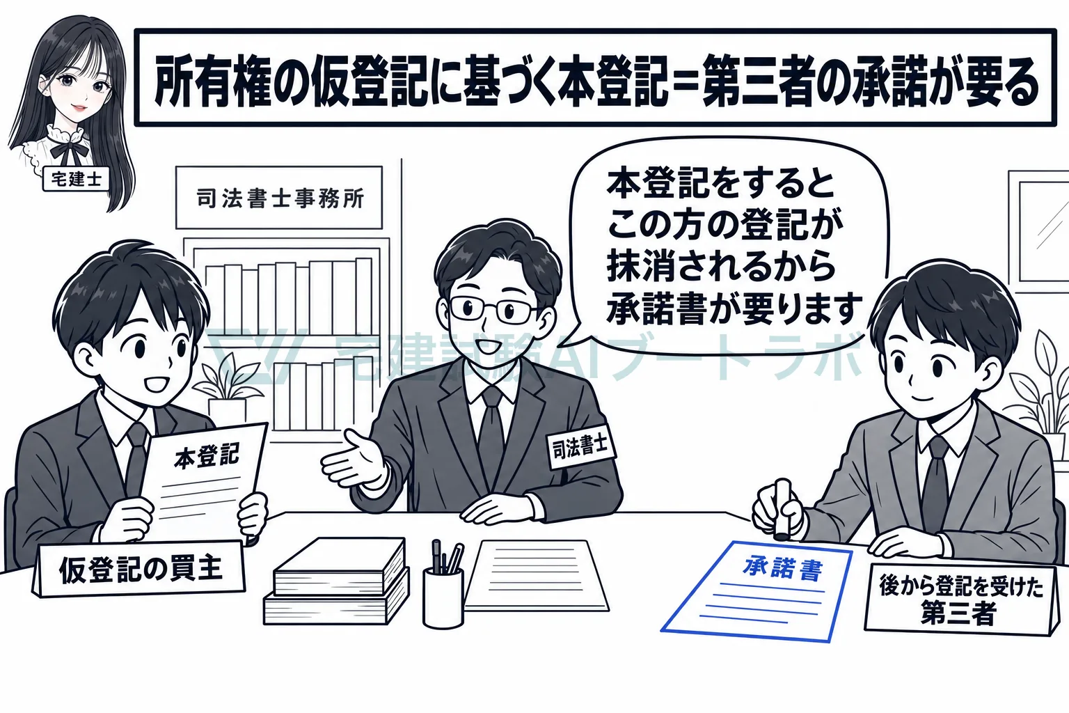 所有権の仮登記の本登記には、登記を消される第三者の承諾が要る。
