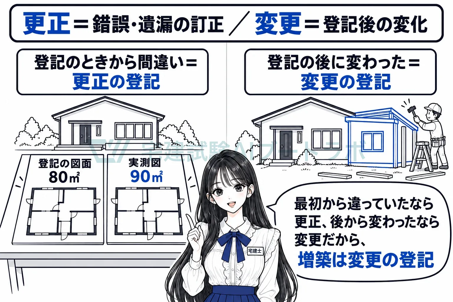 最初から違っていたなら更正、後から変わったなら変更。増築は変更の登記。