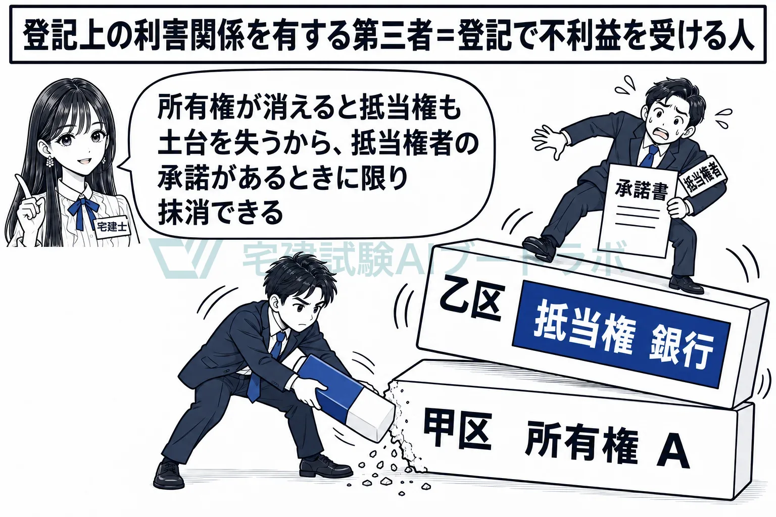 所有権が消えると抵当権も土台を失うから、抵当権者の承諾があるときに限り抹消できる。
