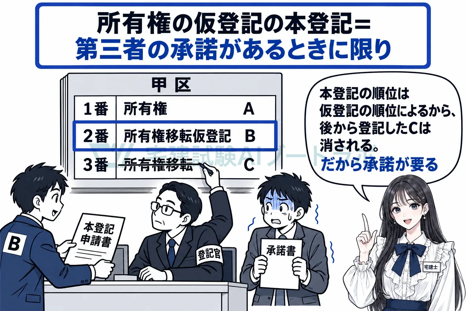 本登記の順位は仮登記の順位によるから、後から登記したCは消される。だから承諾が要る。