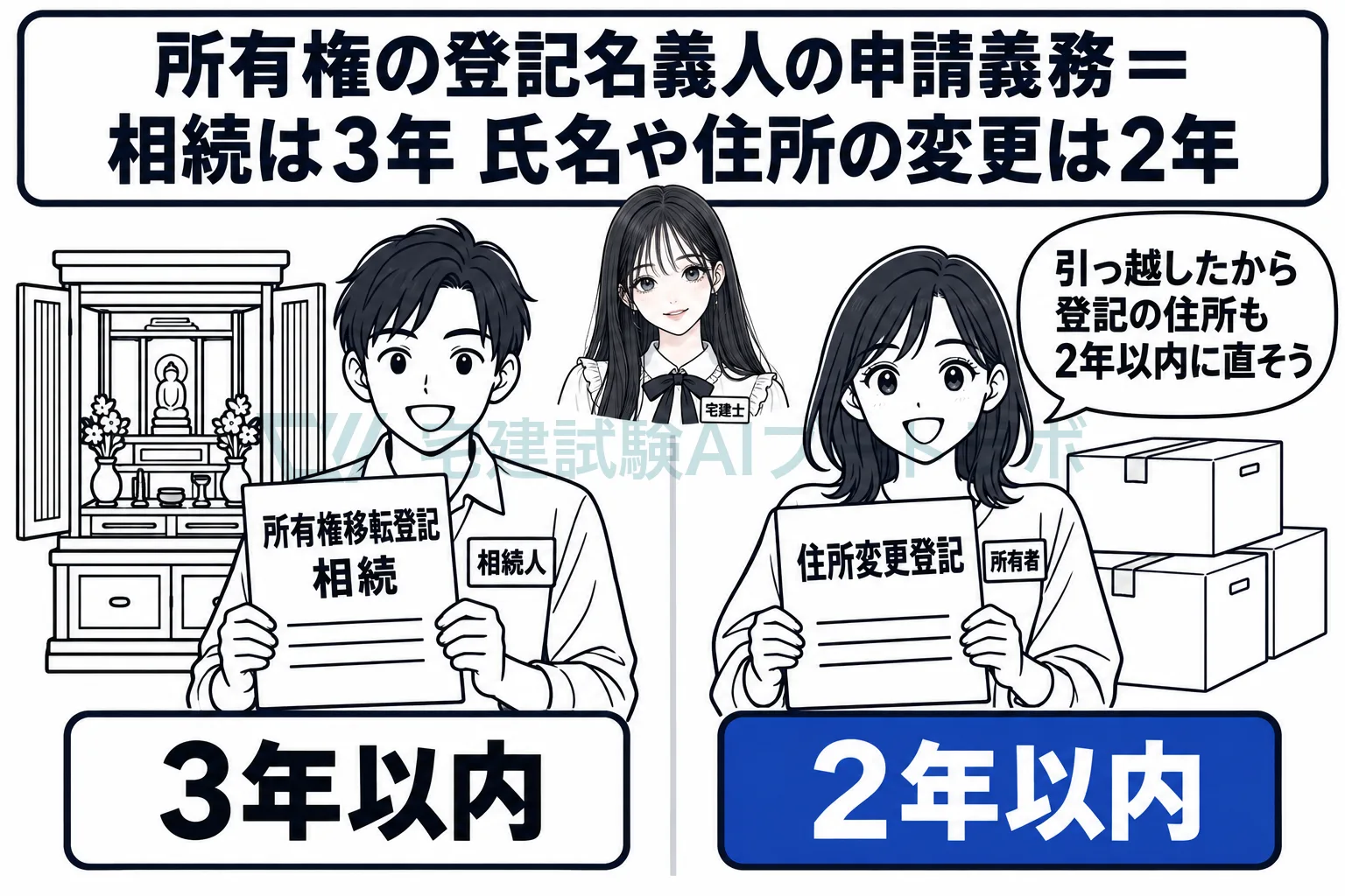 相続の登記は3年以内、住所や氏名の変更の登記は2年以内。