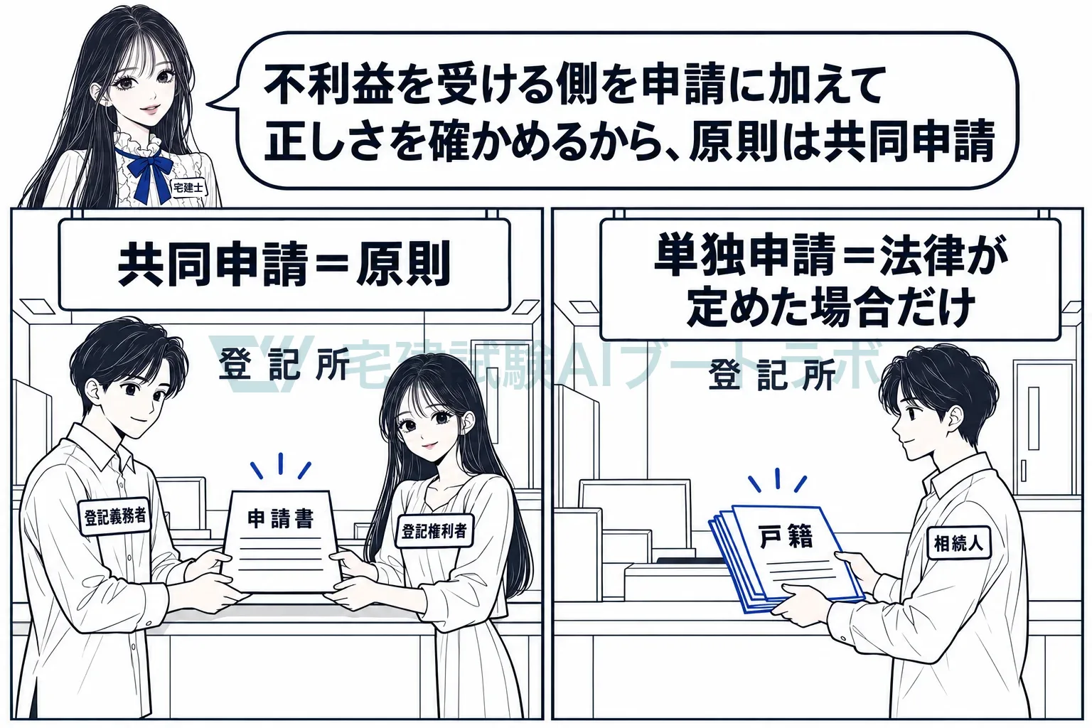 原則は共同申請。単独で申請できるのは、法律が別に定めた場合だけ。