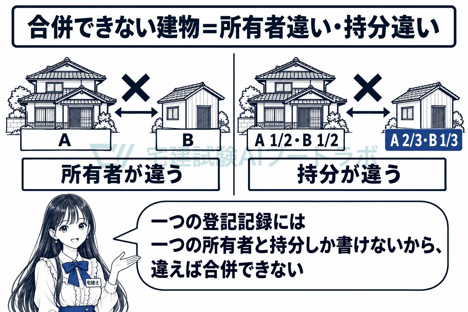 一つの登記記録には一つの所有者と持分しか書けないから、違えば合併できない。