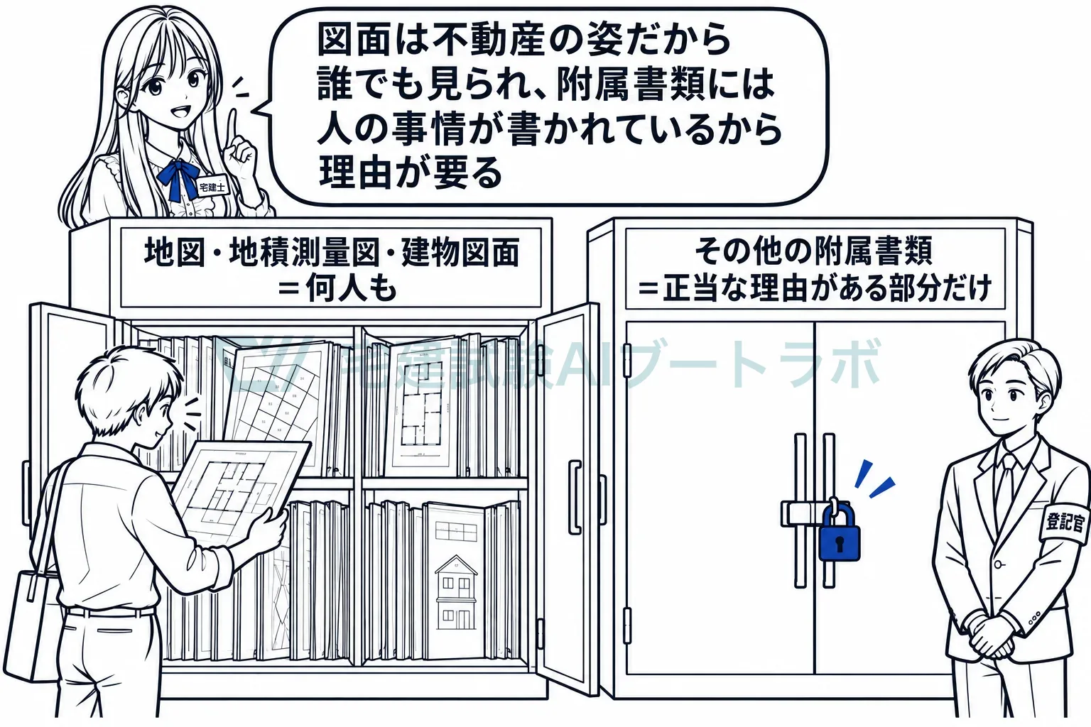 図面は不動産の姿だから誰でも。附属書類は人の事情が書かれているから理由が要る。