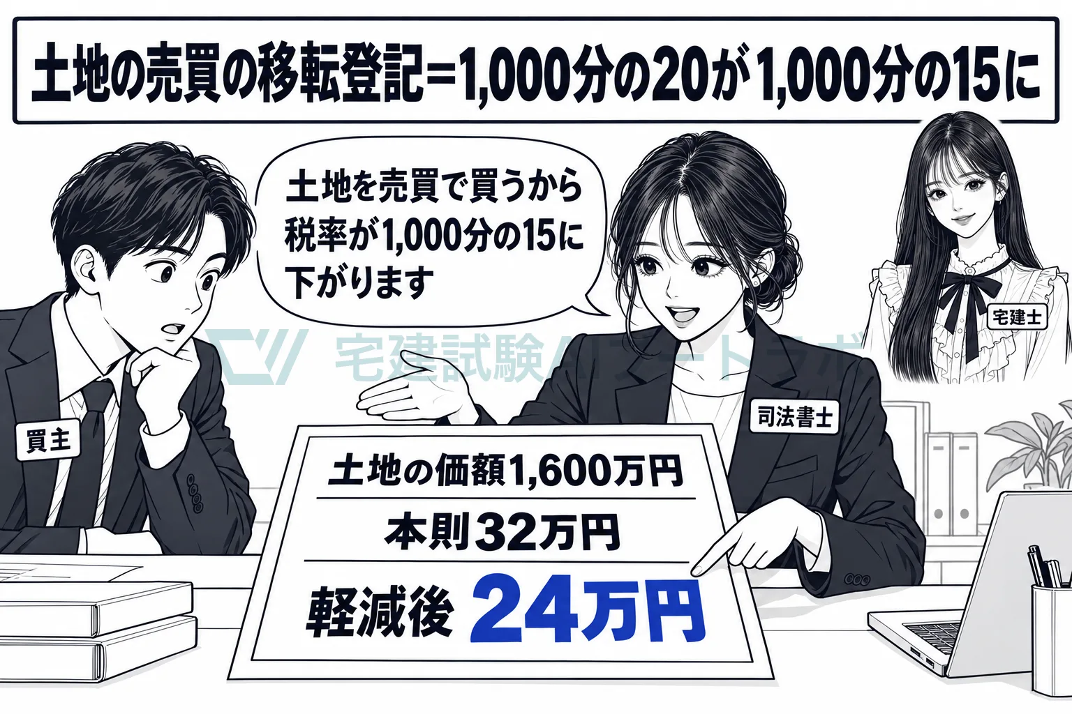土地を売買で買って名義を移す登記は、税率が1,000分の15に下がる。