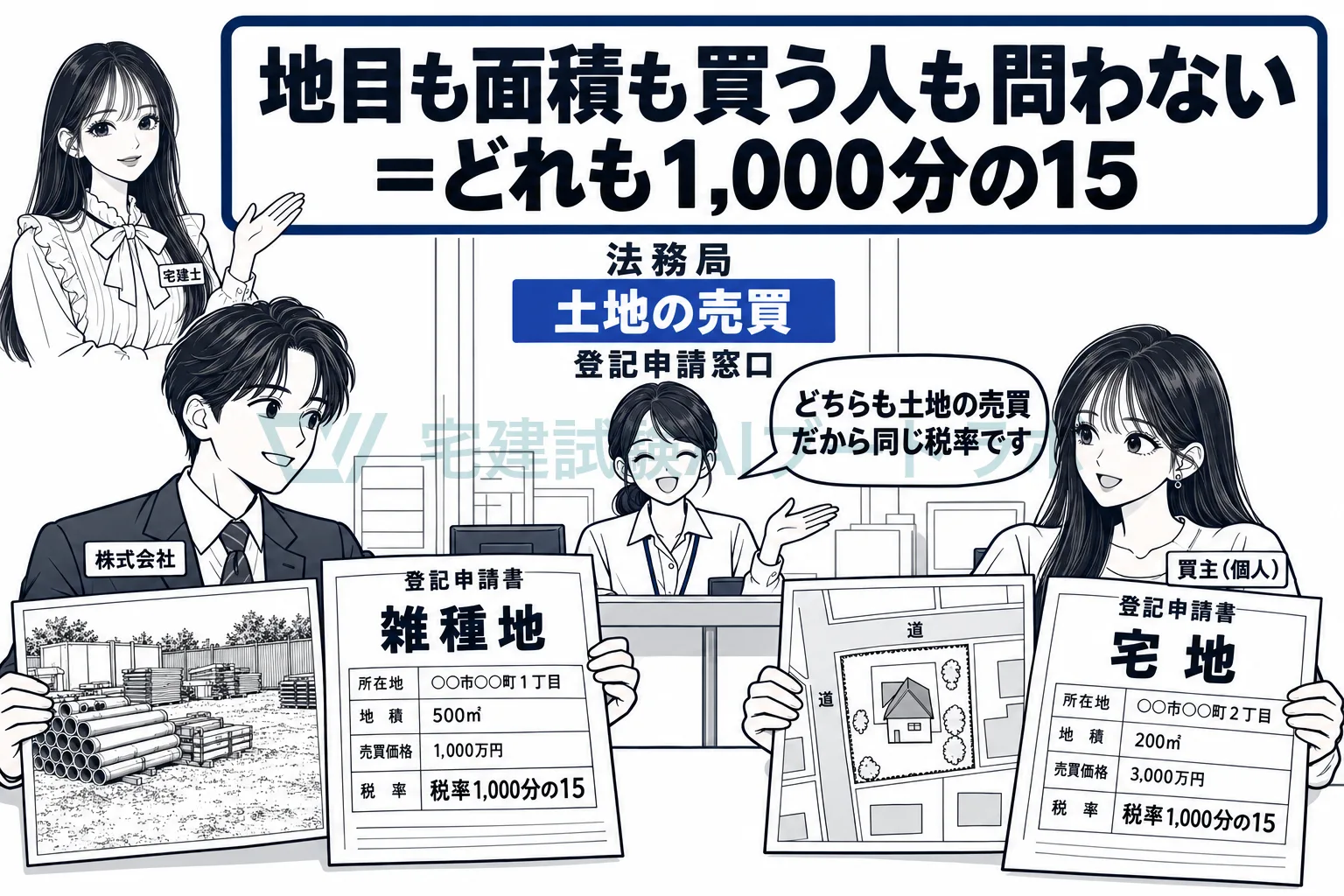 会社が買う雑種地でも、個人が買う宅地でも、税率は同じ1,000分の15。