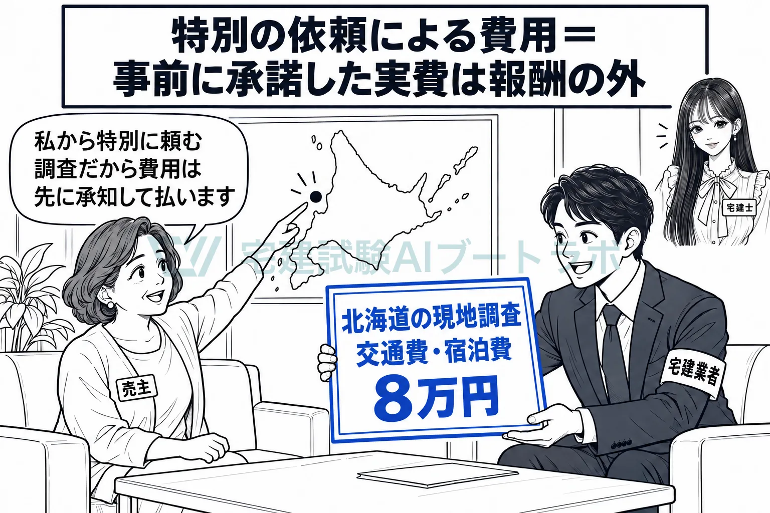 特別に頼まれた遠方の現地調査の実費は、事前の承諾があれば別に受け取れる。