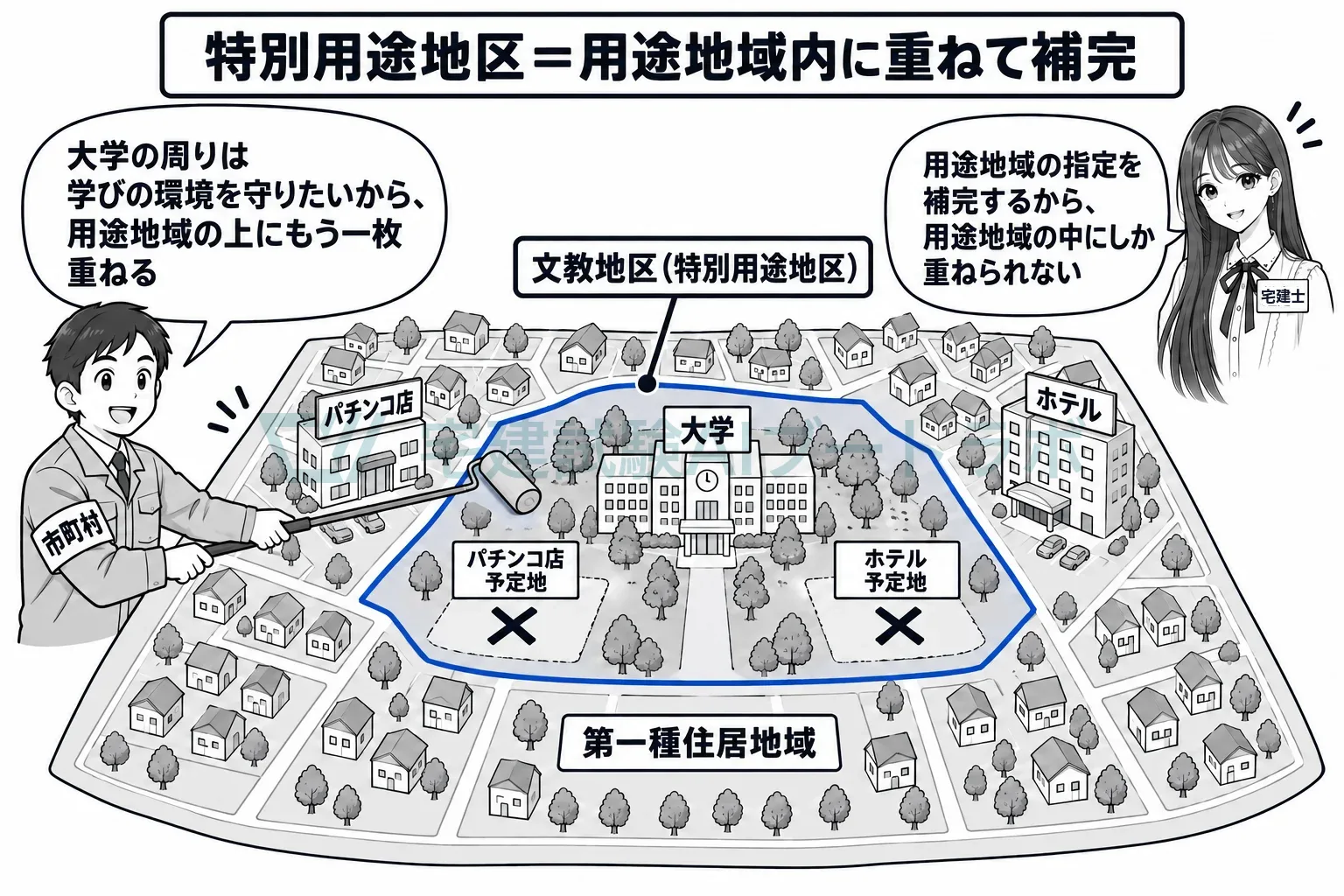 用途地域の上に、その地区だけの目的でもう一枚重ねる。
