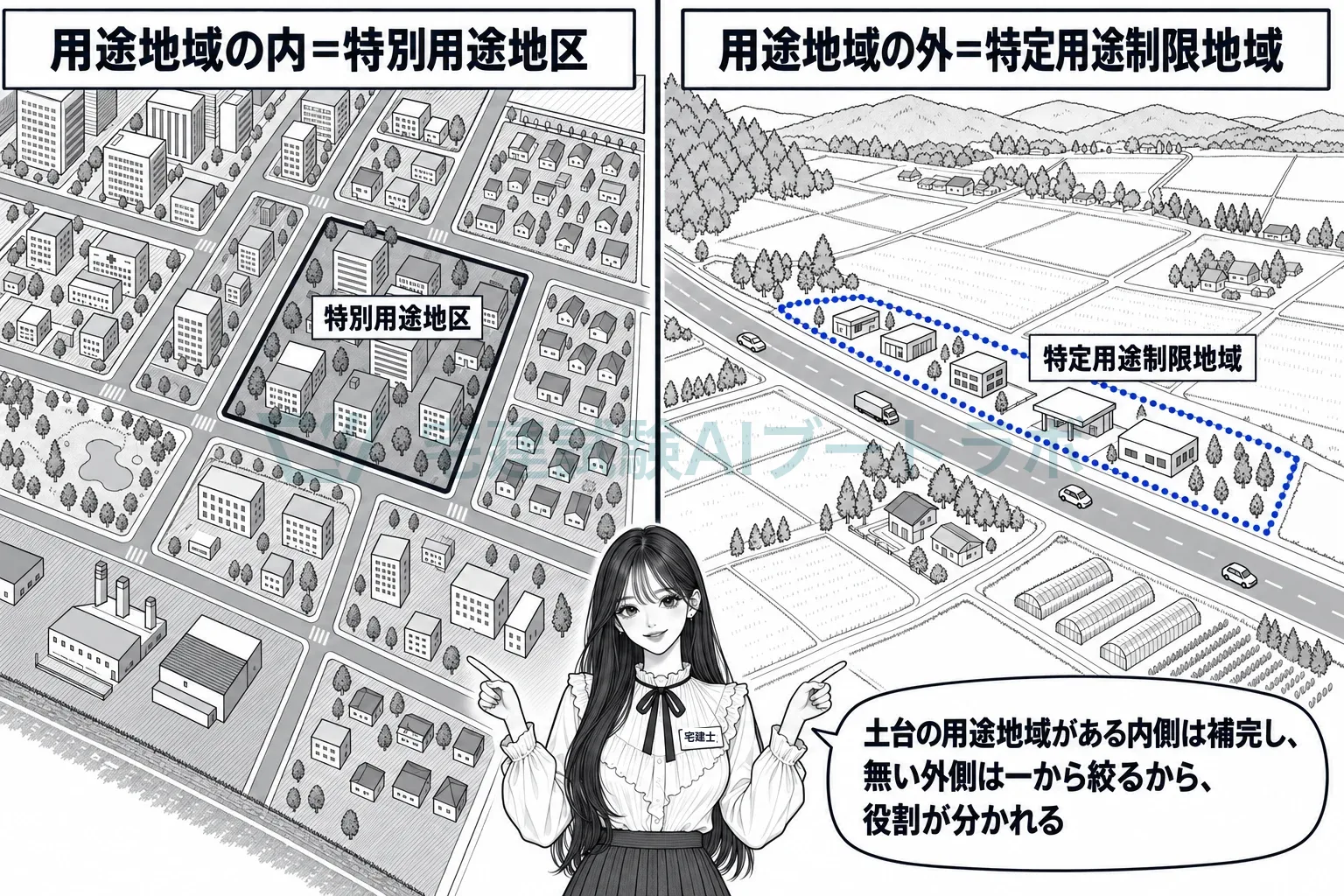 用途地域の内は特別用途地区、外は特定用途制限地域。