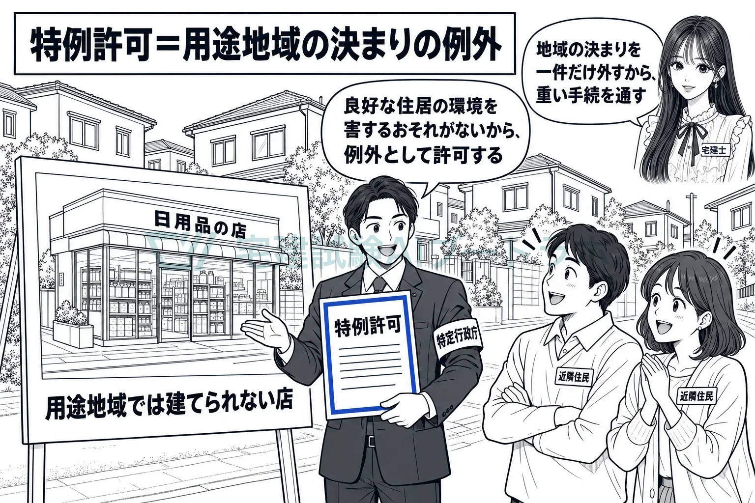 住宅街に建てられない店でも、環境を害するおそれがなければ例外として許可できる。