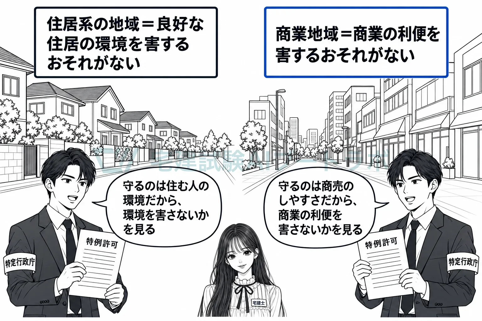 住居系の地域は住居の環境、商業地域は商業の利便を見て許可する。