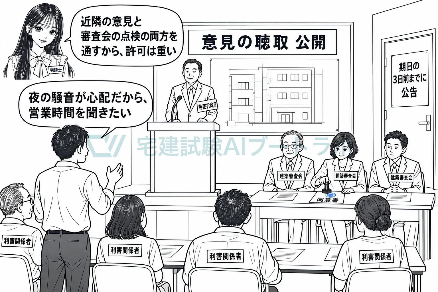 公開の意見聴取で近隣の声を聴き、建築審査会の同意を得てから許可する。
