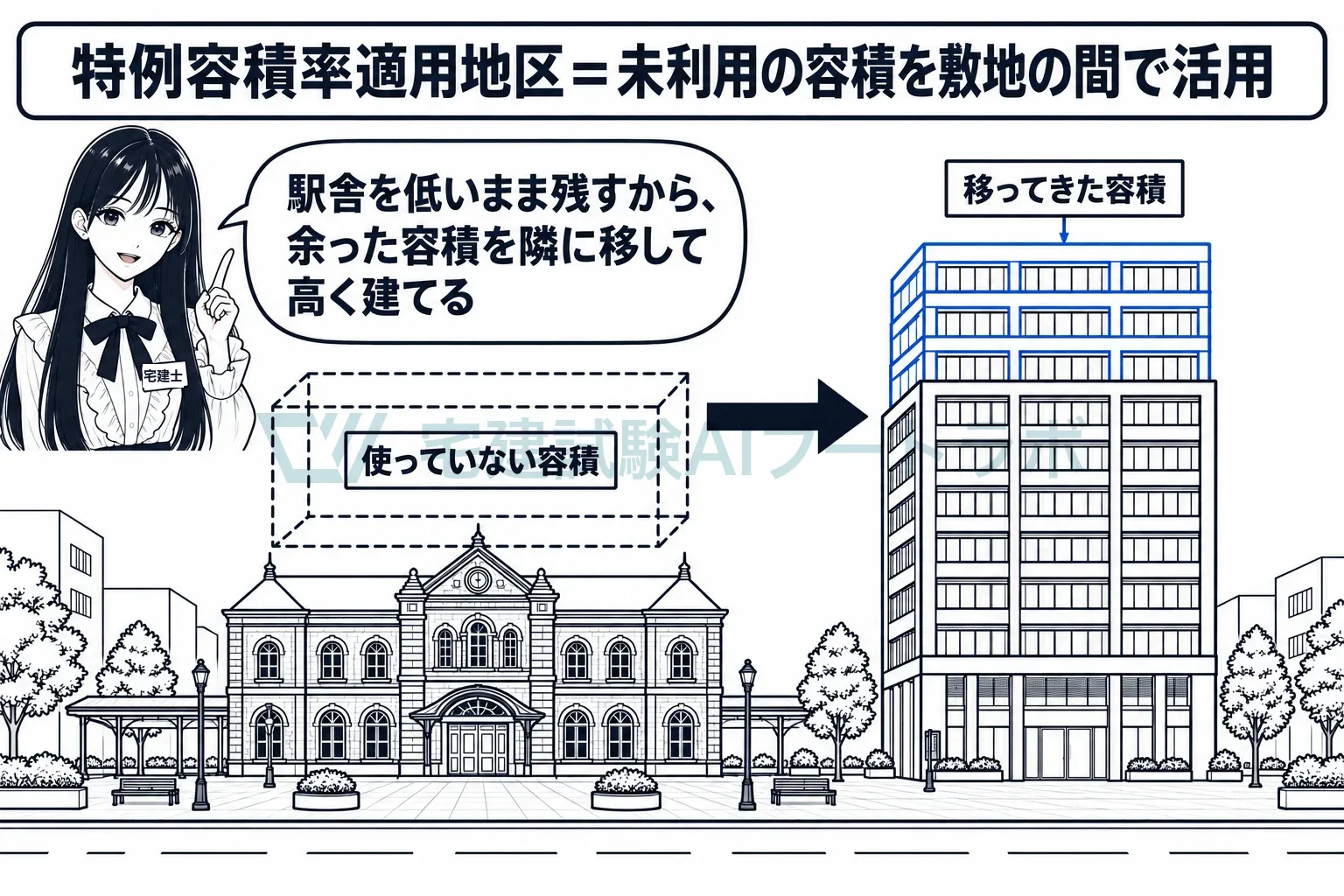 使い切っていない容積を、同じ地区の別の敷地に移して高いビルを建てる。