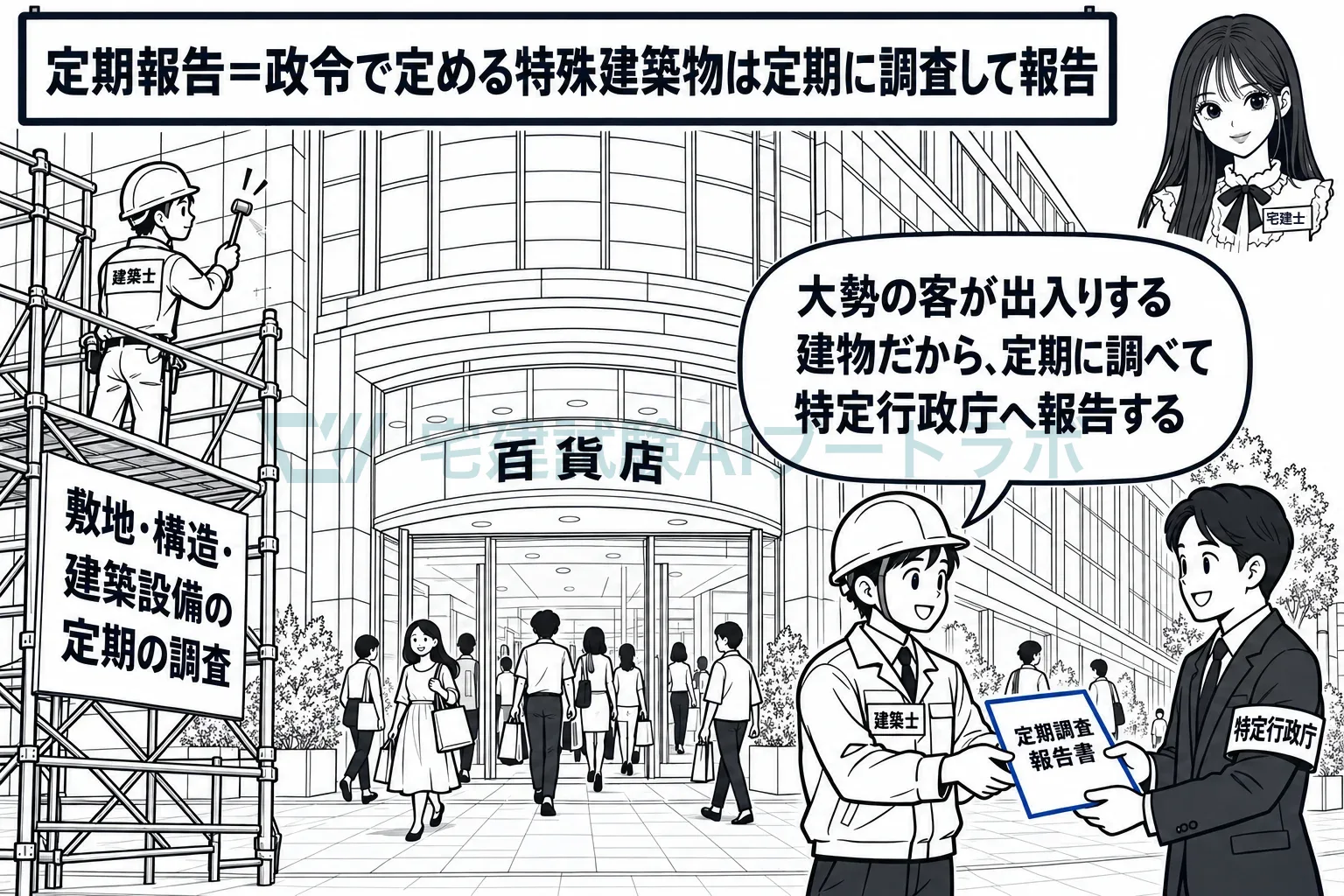大勢が出入りする百貨店は、定期に調査して特定行政庁へ報告する。