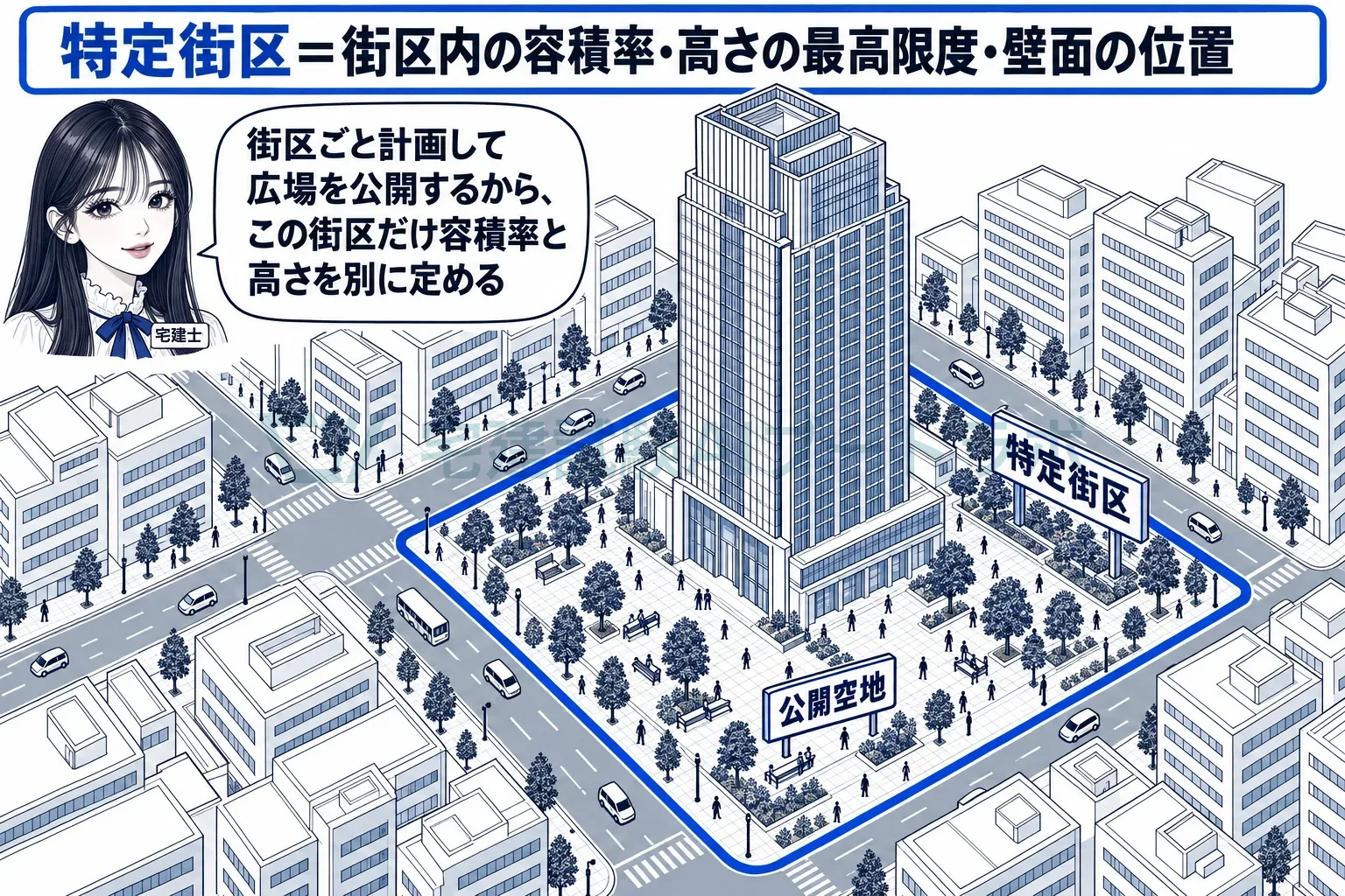 道路に囲まれた一区画をまるごと計画し、広場を公開する代わりに街区だけの容積率と高さを定める。